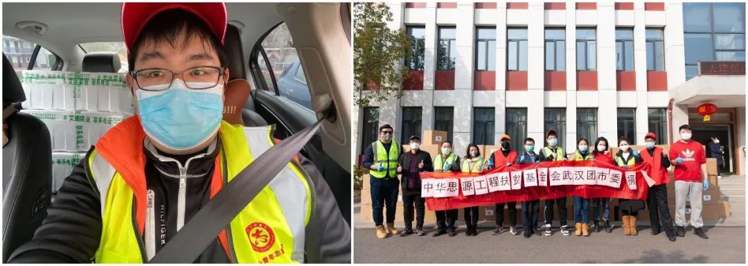 左圖：10輛轎車后座和后備箱堆滿了菜，出發(fā)送給社區(qū)；右圖：各位志愿者協(xié)助接收消毒防護物資